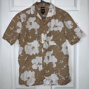 GAP • Vacay men’s short sleeve shirt tropical aloha khaki linen-cotton • XSmall